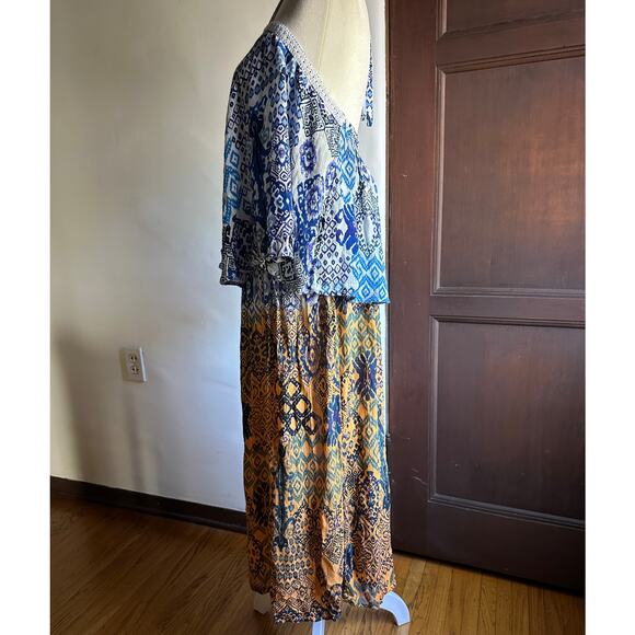 RAGA | Blue and Mustard Boho Tiered Midi Halter Neck Ruffle Sundress | Small - Picture 4 of 7